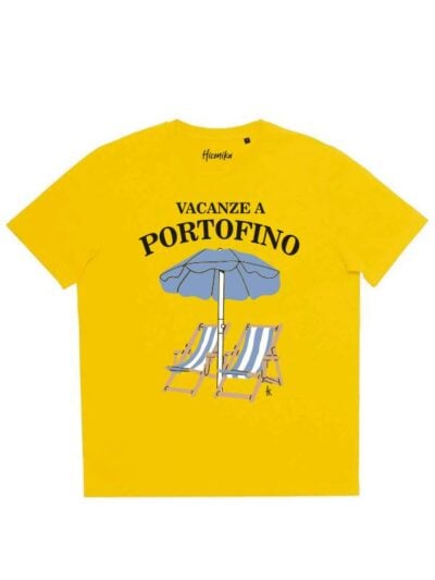 T-shirt donna More con la stampa di un ombrello, due sdraio e la scritta "Vacanze a Portofino" – SMD38