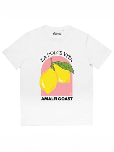 T-shirt donna More con la stampa di due limoni e la scritta "la dolce vita, amalfi coast" – SMD03