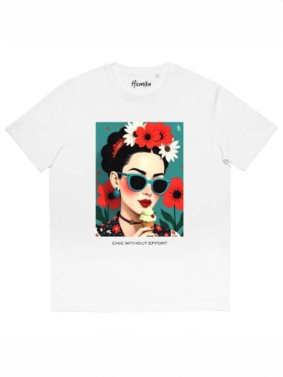 T-shirt donna More con la stampa di Frida Kahlo e la scritta "chic without effort" – SMD14