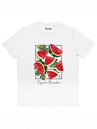 T-shirt donna More con la stampa di alcune fette di anguria e la scritta "tropical paradise" – SMD22
