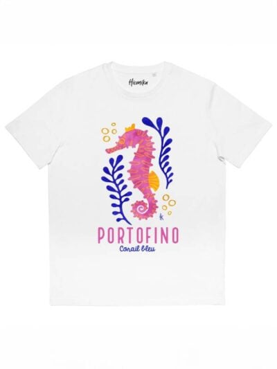 T-shirt donna More con la stampa di un cavalluccio marino e la scritta "Portofino, corail bleu" – SMD41