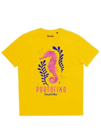 T-shirt donna More con la stampa di un cavalluccio marino e la scritta "Portofino, corail bleu" – SMD41