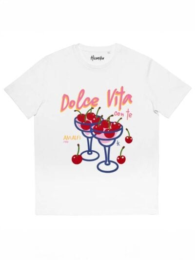 T-shirt donna More con la stampa di due cocktail con ciliegie e la scritta "La Dolce Vita" – SMD46