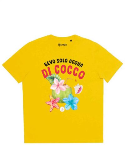 T-shirt donna More con la stampa di una noce di cocco con cannuccia, fiori e scritta "bevo solo acqua di cocco" – SMD32