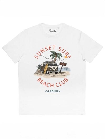 T-shirt uomo More con la stampa di un furgone vintage su una spiaggia e la scritta "sunset surf beach club" – SMU03