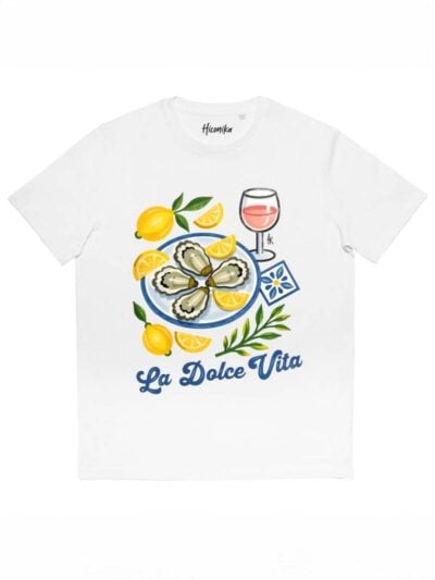T-shirt uomo More con la stampa di un piatto di ostriche, limoni e la scritta "La Dolce Vita" – SMU08