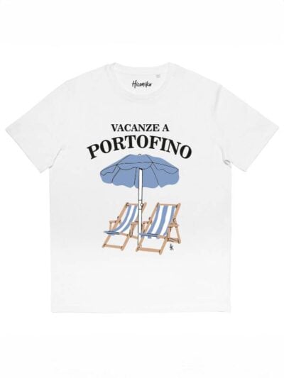 T-shirt uomo More con la stampa di un ombrellone, due sdraio e la scritta "vacanze a Portofino" – SMU10