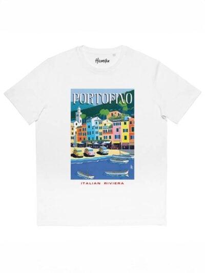 T-shirt uomo More con la stampa di una spiaggia e la scritta "Portofino, italian riviera" – SMU25