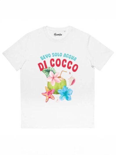 T-shirt donna More con la stampa di una noce di cocco con cannuccia, fiori e scritta "bevo solo acqua di cocco" – SMD32