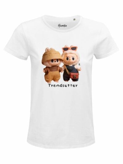 T-Shirt donna Glam con due pupazzi e la scritta "trend setter" in glitter – D255