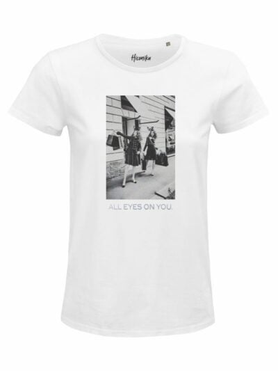 T-Shirt donna Glam stile vintage con due ragazze e la scritta “all eyes on you” in reflex – D258