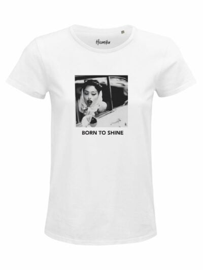 T-Shirt donna Glam stile vintage con una ragazza e la scritta “born to shine” in glitter – D264