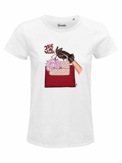 T-Shirt donna Glam con una mano che tiene una borsa e la scritta “joie de vivre” in reflex – D269