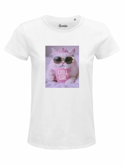 T-Shirt donna Glam con un gatto e la scritta “chill girl” in glitter – D279