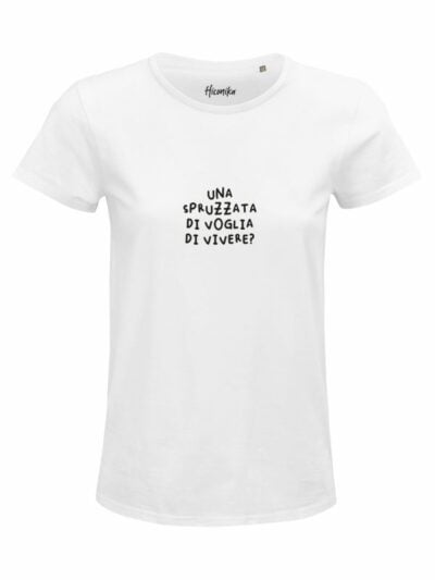 T-Shirt donna Glam con la scritta “una spruzzata di voglia di vivere?” in patch – D285