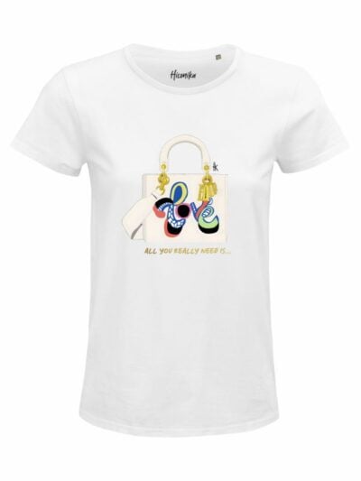 T-Shirt donna Glam con una borsa e la scritta “all you really need is” in reflex – D288