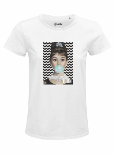 T-Shirt donna Glam con tributo a Audrey Hapburn e la scritta “icon” in glitter – D293