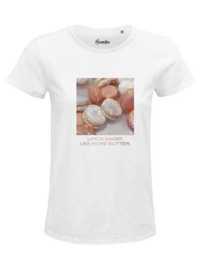 T-Shirt donna Glam con i macarons e la scritta “life is short, use more glitter” in reflex – D299