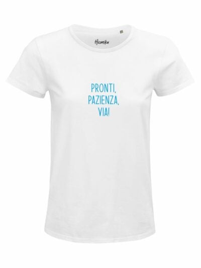 T-Shirt donna Glam con la scritta “pronti, pazienza, via!” in patch – D283