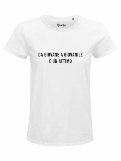T-Shirt donna Glam con la scritta “da giovane e giovanile è un attimo” in glitter – D303
