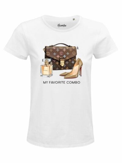 T-Shirt donna Glam con accessori da donna e la scritta “my favorite combo” in glitter – D307