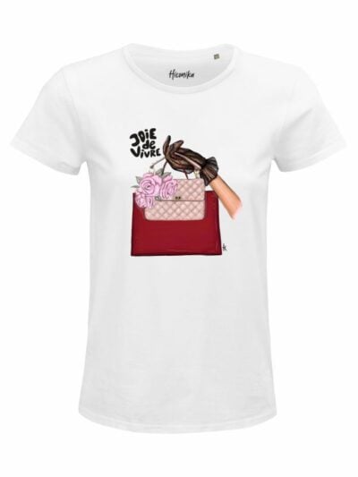 T-Shirt donna Glam con una mano che tiene una borsa e la scritta “joie de vivre” – GB012