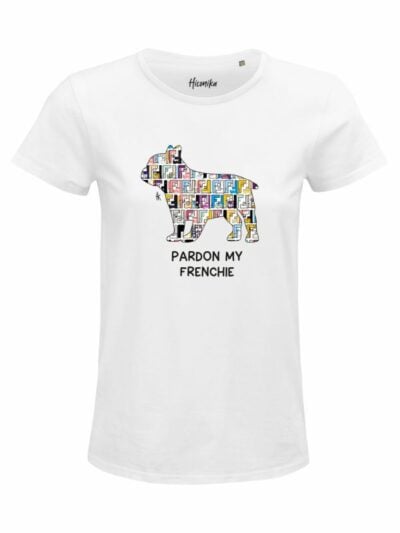 T-Shirt donna Glam con un bulldog francese e la scritta “pardon my frenchie” – GB015