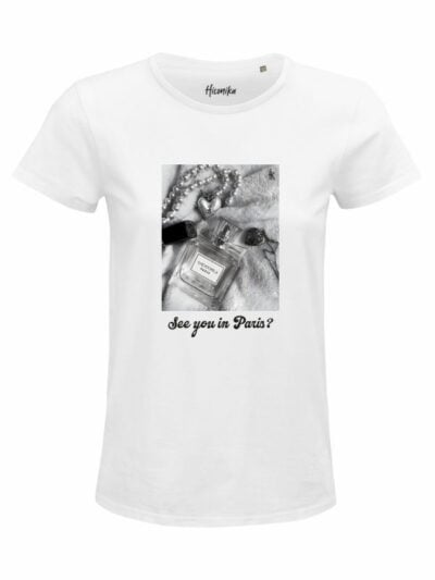 T-Shirt donna Glam con un profumo, una collana e la scritta “see you in Paris?” – GB016