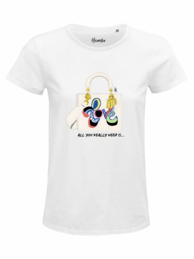T-Shirt donna Glam con una borsa e la scritta “all you really need is” – GB031