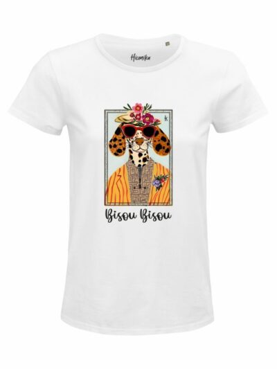 T-Shirt donna Glam con un cane fashion e la scritta “bisou bisou” – GB037