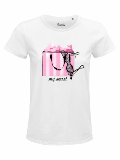 T-Shirt donna Glam con una borsa, un reggiseno e la scritta “my secret” – GB038