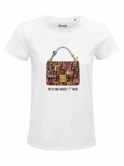 T-Shirt donna Glam con una borsa e la scritta “my second favorite f word” – GB045