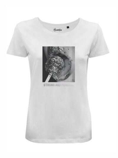 T-Shirt donna Lady 2.0 con stampa in bianco e nero e la scritta “strong and feminine” in reflex – LG020