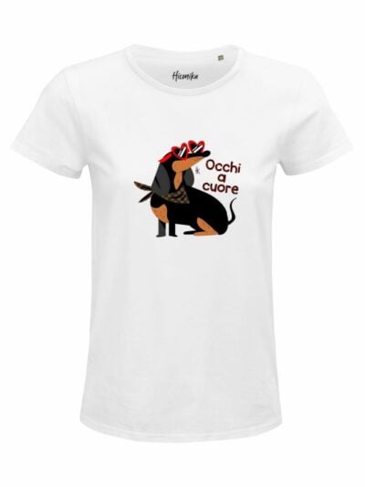 T-Shirt donna Glam con un bassotto e la scritta “occhi a cuore” in glitter – D259