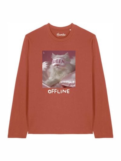 T-shirt Alba manica lunga con un gatto e la scritta “offline” in patch - TA010