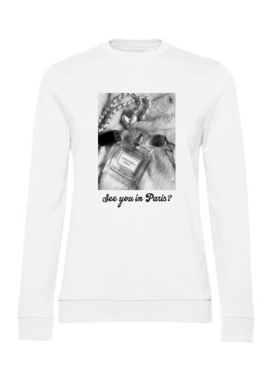 Felpa donna leggera Sidney con un profumo, una collana e la scritta “see you in Paris?” in glitter - FS016