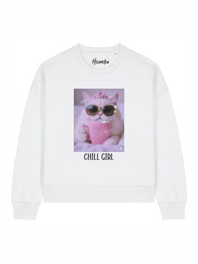 Felpa donna Luna con un gatto e la scritta “chill girl” in glitter - FL022