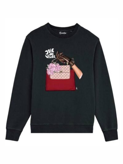 Felpa donna scamosciata leggera Fiamma con una mano che tiene una borsa e la scritta “joie de vivre” in patch - FF012