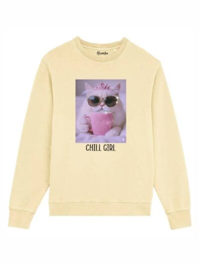 Felpa donna scamosciata leggera Fiamma con un gatto e la scritta “chill girl” in glitter - FF022