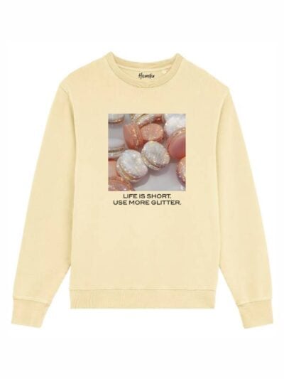 Felpa donna scamosciata leggera Fiamma con i macarons e la scritta “life is short, use more glitter” in patch - FF042