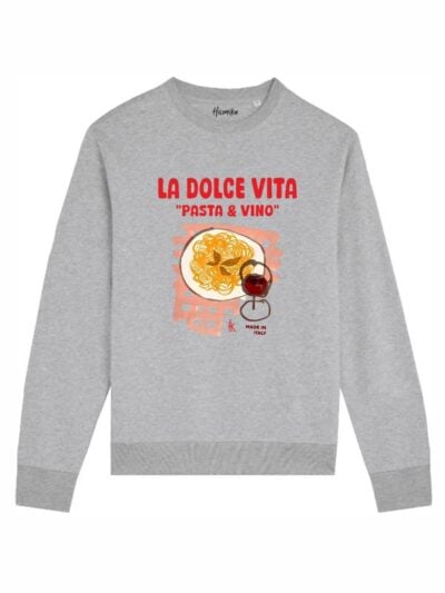 Felpa uomo scamosciata leggera Fiamma con la pasta, il vino e la scritta in patch a rilievo "La Dolce Vita, pasta e vino" - FFU15