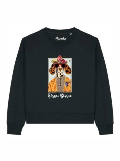 Felpa donna Luna con un cane fashion e la scritta “bisou bisou” in patch - FL037