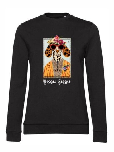 Felpa donna leggera Sidney con un cane fashion e la scritta “bisou bisou” in patch - FS037
