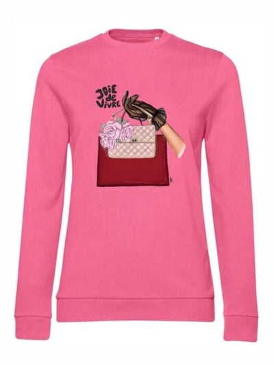 Felpa donna leggera Sidney con una mano che tiene una borsa e la scritta “joie de vivre” in patch - FS012