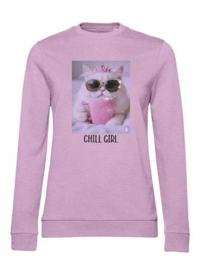 Felpa donna leggera Sidney con un gatto e la scritta “chill girl” in glitter - FS022