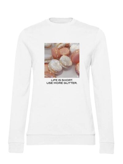 Felpa donna leggera Sidney con i macarons e la scritta “life is short, use more glitter” in patch - FS042
