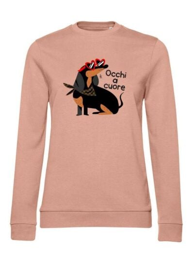 Felpa donna leggera Sidney con un bassotto e la scritta “occhi a cuore” in glitter - FS002