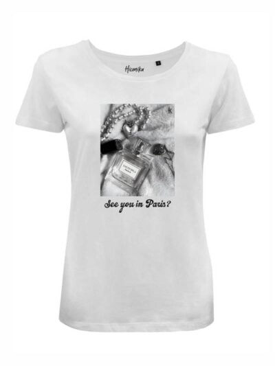 T-Shirt donna Lady 2.0 con un profumo, una collana e la scritta “see you in Paris?” – LB016