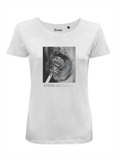 T-Shirt donna Lady 2.0 con stampa in bianco e nero e la scritta “strong and feminine” – LB020