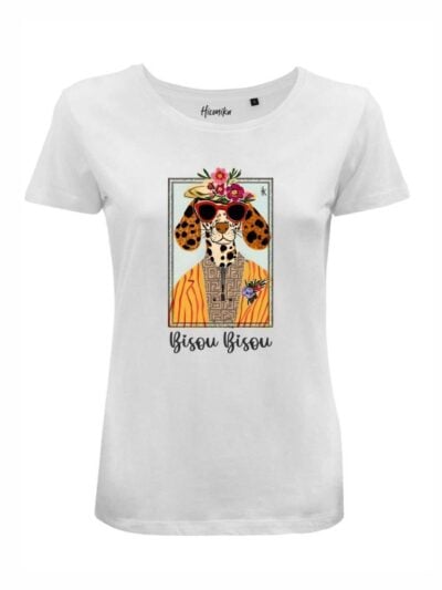 T-Shirt donna Lady 2.0 con un cane fashion e la scritta “bisou bisou” – LB037